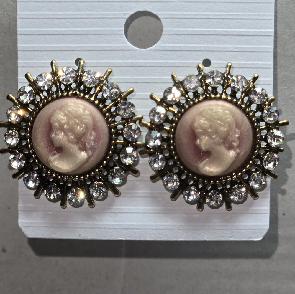 Vintage-Inspired Rose Cameo Earrings with Crystal Accents